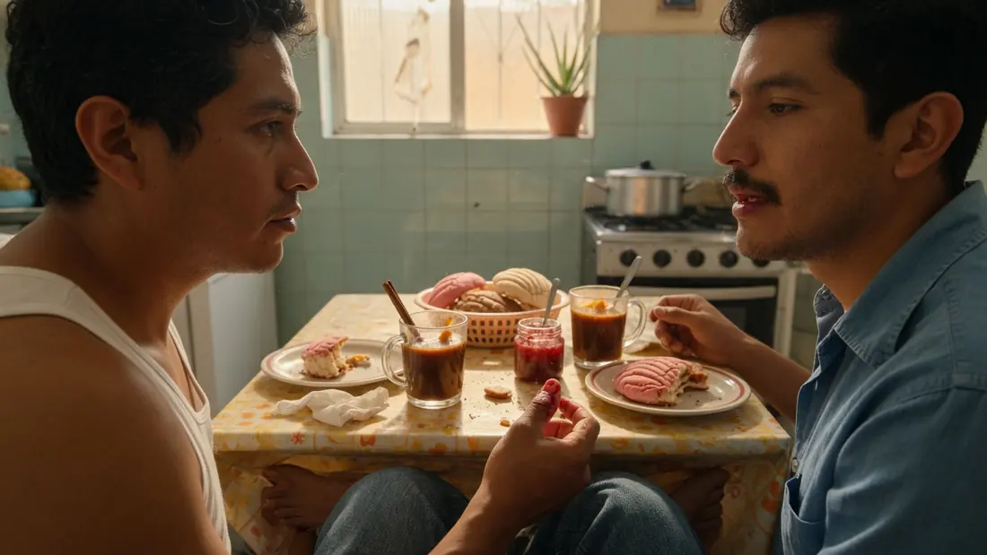 Dos hombres en una cocina, sentados a la mesa con café y conchas. Fotograma de ficción.