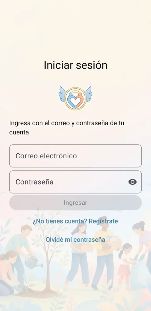 Pantalla de inicio de sesión de Ángel Voluntario, con los campos vacíos.