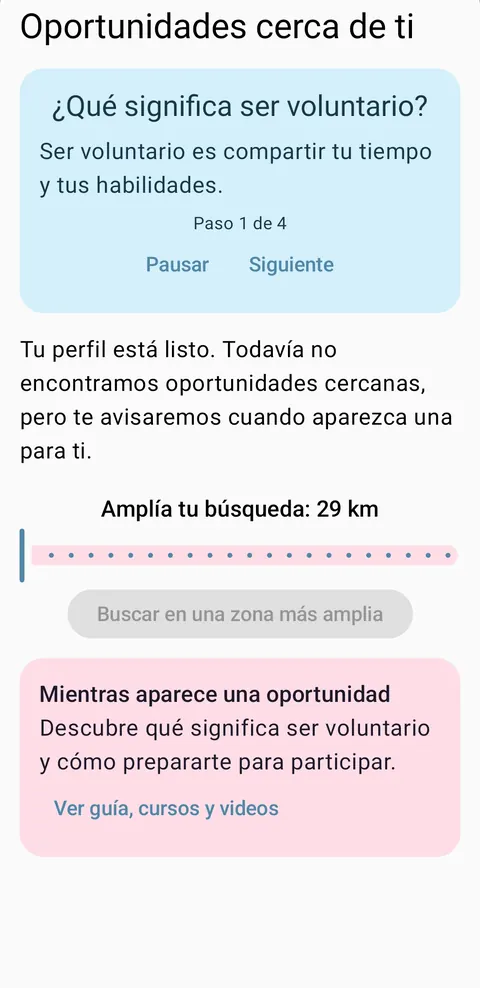 Pantalla con una guía breve y un radio de búsqueda, sin oportunidades cercanas.
