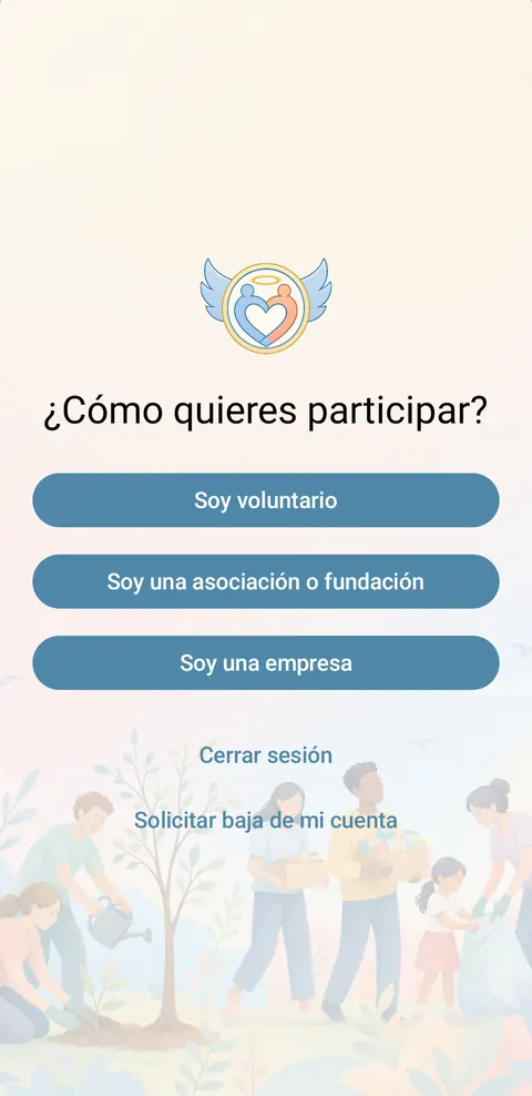Pantalla para elegir voluntario, asociación o empresa.